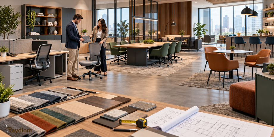 Commercial furniture manufacturer showcasing modern office desks, ergonomic chairs, conference tables, and material samples in a contemporary furniture showroom.